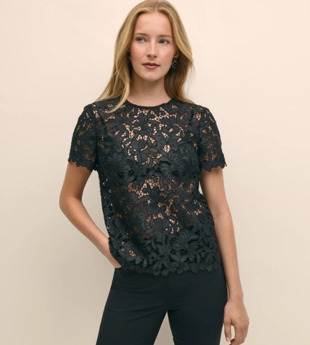 Brooks Brothers Black Floral Relaxed Short Sleeve Semi-Sheer Lace Top L XL